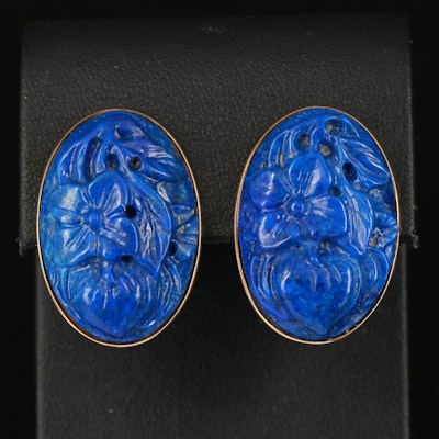 14K Carved Oval Lapis Lazuli Flower Earrings