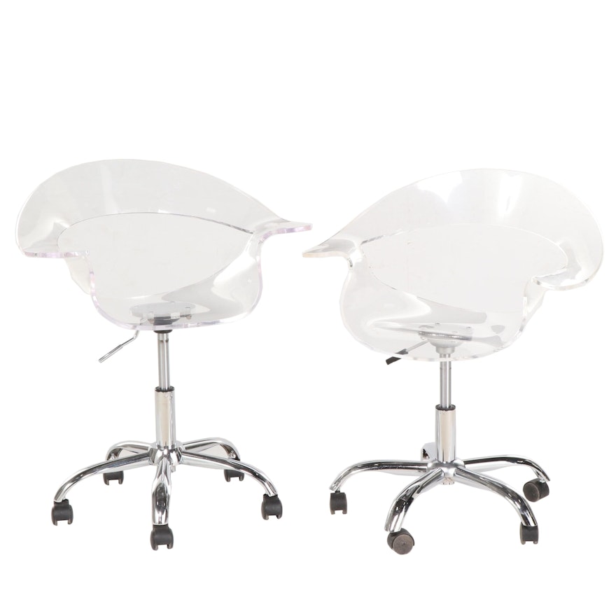 Two Modernist Style Chrome and Acrylic Swivel Desk Chairs, Incl. LumiSource