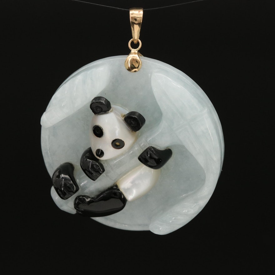 14K Carved Jadeite, Mother of Pearl and Black Onyx Panda Pendant