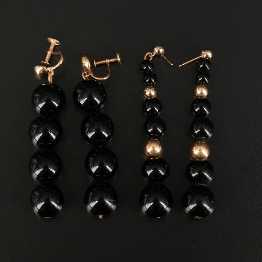 Black Onyx and Black Glass Beaded Earrings Including 14K