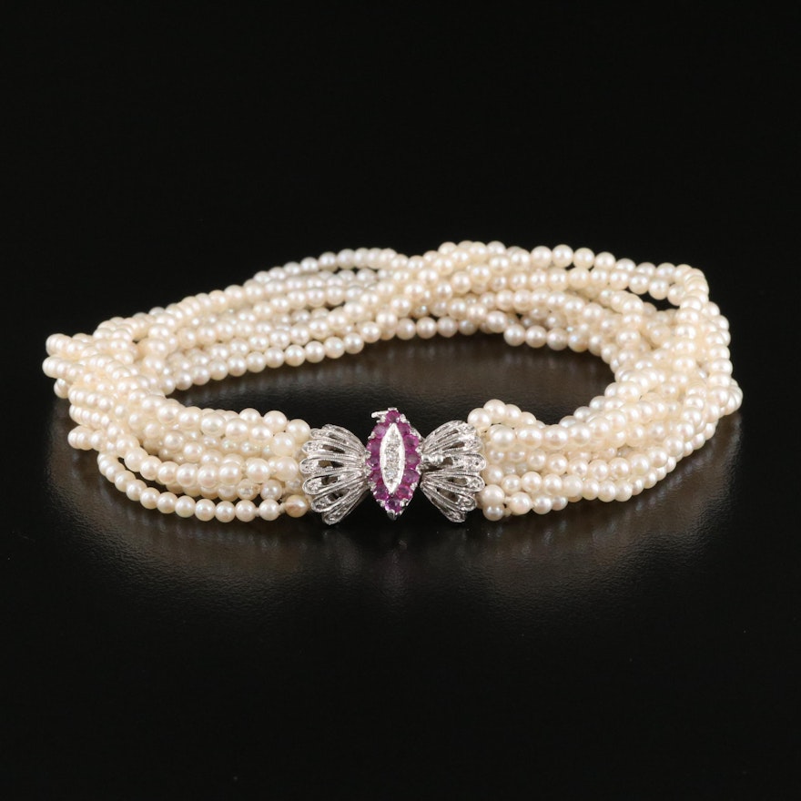 Pearl Bracelet with 18K Diamond and Ruby Clasp