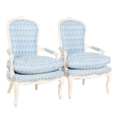 Pair of Louis XV Style White-Painted and Custom-Upholstered Fauteuils
