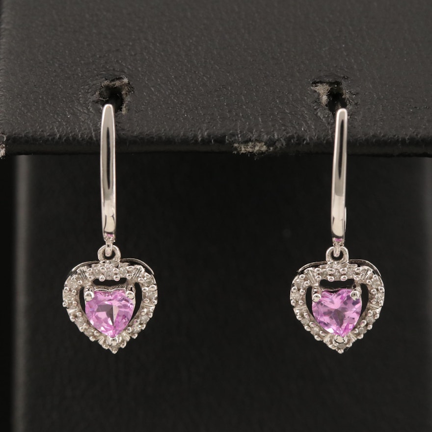 10K Sapphire and Diamond Heart Drop Earrings