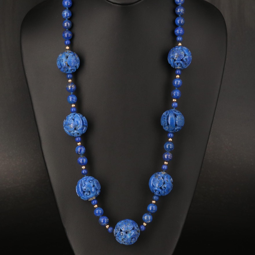 Carved Lapis Lazuli Necklace with 14K Beads and Clasp