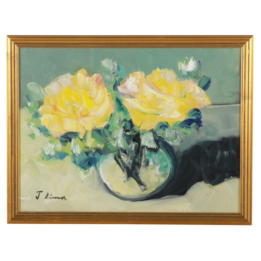 José M. Lima Oil Painting of Yellow Roses in Bud Vase, 2022