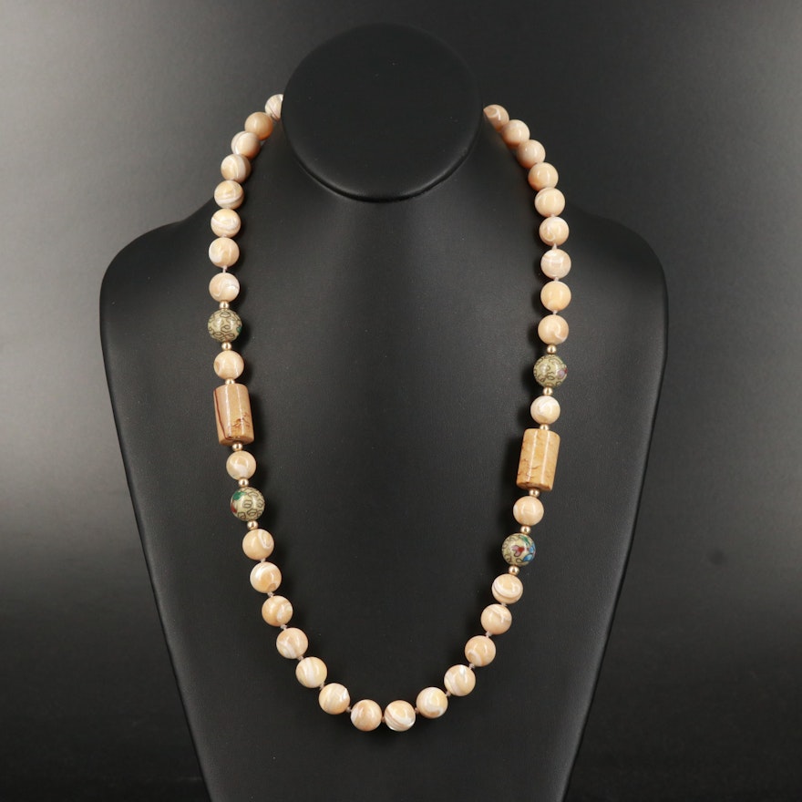 Mother of Pearl Bead Necklace with Jasper and Cloisonné Accents