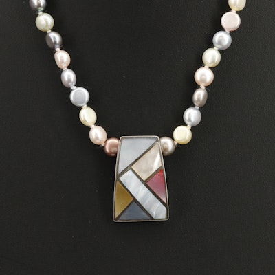 Sterling Pearl and Mother of Pearl Necklace with Inlay Pendant