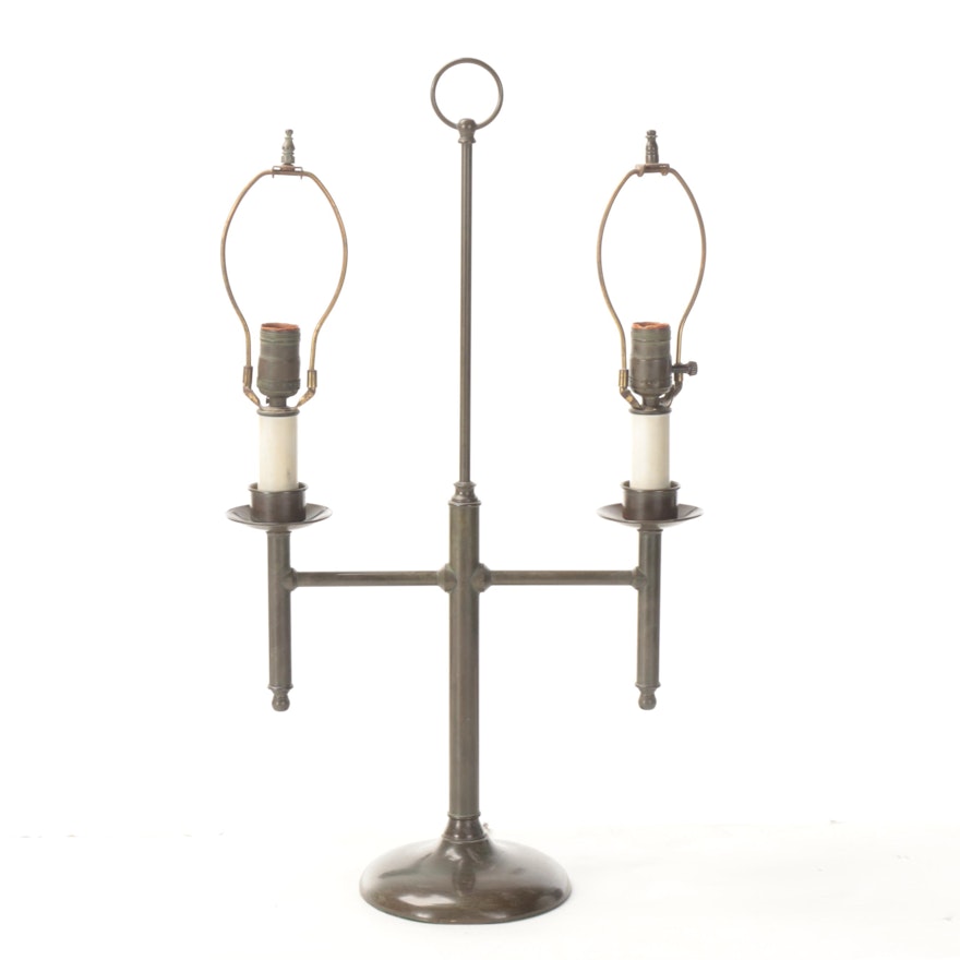 Patinated Cast Metal Two-Arm Student Lamp, Mid-20th Century