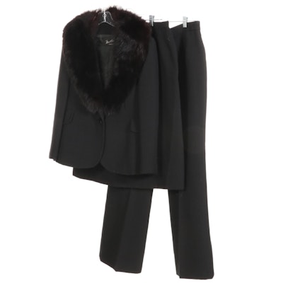 Fox Fur Trimmed Black Wool Jacket with Matching Pants, and Skirt
