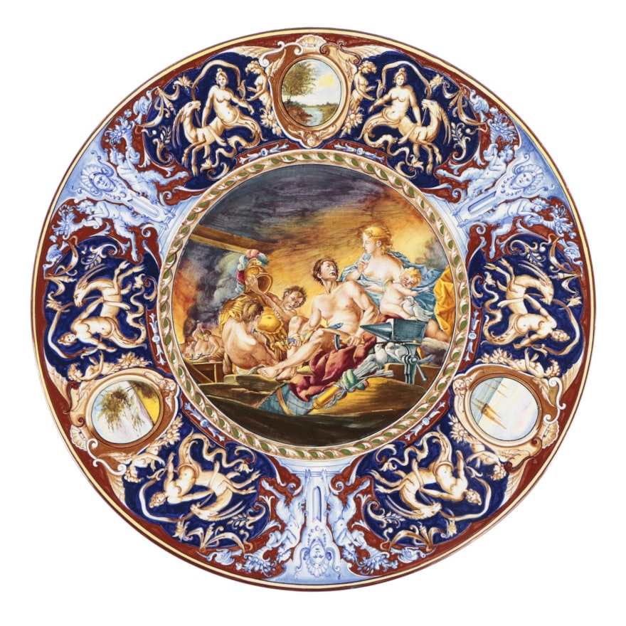 Italian Majolica Hand-Painted  "Vulcan's Forge" Charger after François Boucher