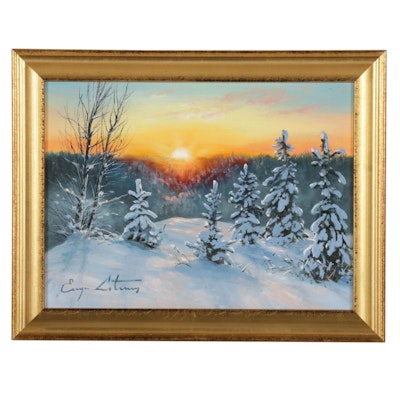 Jevgenijus Litvinas Landscape Oil Painting "Sunset Over the Forest," 2021