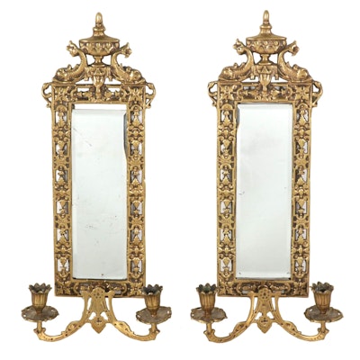 Pair of Rococo Style Cast Brass Mirrored Backed Candle Sconces, Early-Mid 20th C
