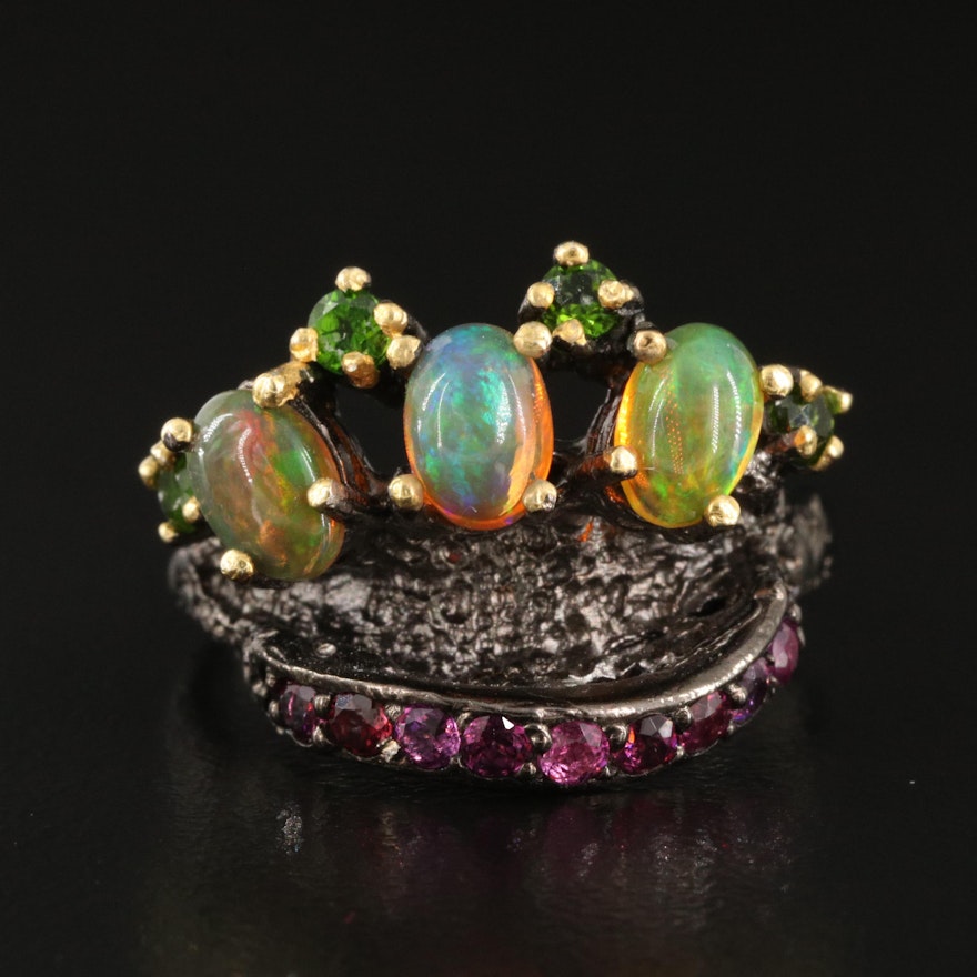 Sterling Opal, Garnet and Diopside Ring