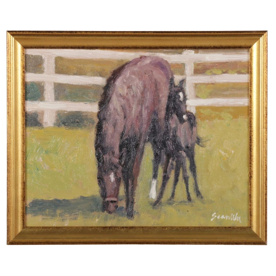 Sean Wu Oil Painting of Horse and Foal in Pasture, 2021