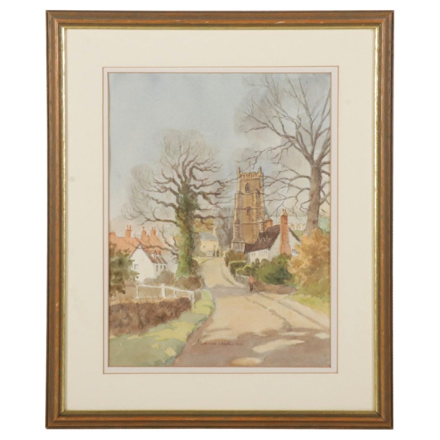 Stephanie E. Walters Watercolor Painting of English Village Street, 1983