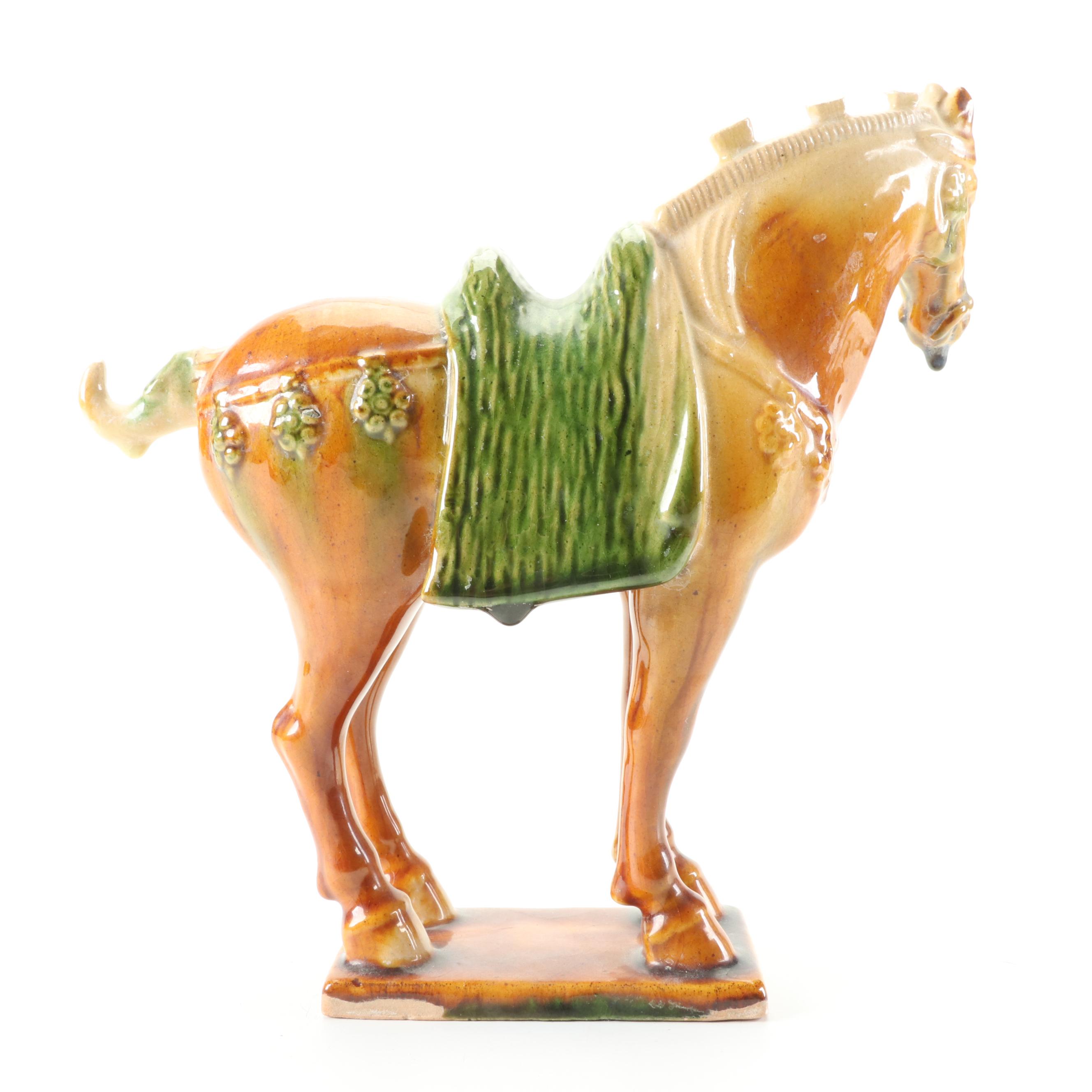 Pair of Chinese Tang Dynasty Style Sancai Glazed Ceramic Horses EBTH