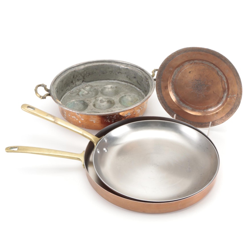 Copper Egg Poacher with Skillets, and Hand-Chased Plate