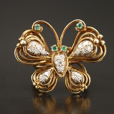 14K Diamond and Emerald Butterfly Ring