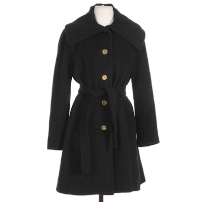 Coach Black Wool Blend Button-Front Coat with Spread Collar and Tie Belt
