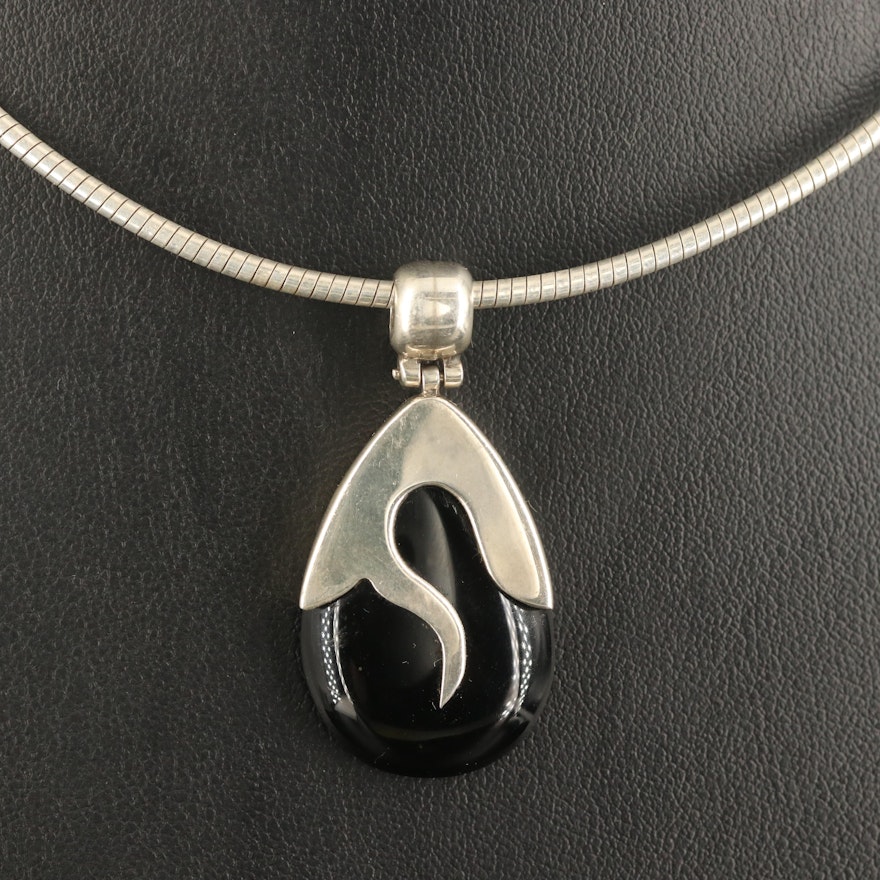 Mexican Sterling Black Onyx Slide Pendant Necklace