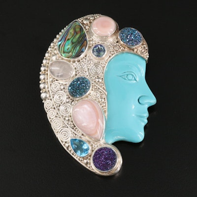 Sajen  Moon Goddess Converter Brooch Including Mother of Pearl and Abalone