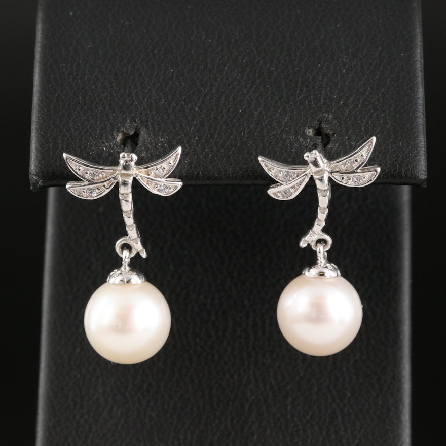Sterling Pearl and Cubic Zirconia Dragonfly Earrings