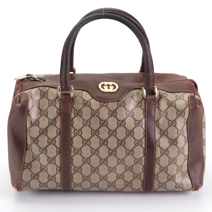 Gucci Boston Bag in GG Supreme Canvas and Dark Brown Leather