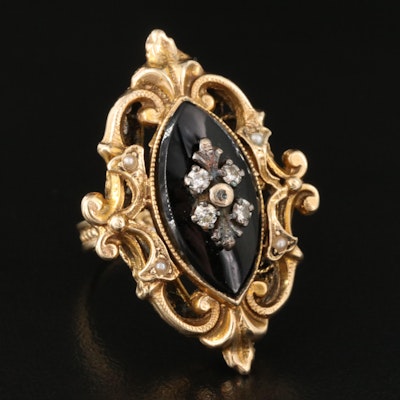 Victorian Style 14K Black Onyx, Diamond and Imitation Pearl Ring