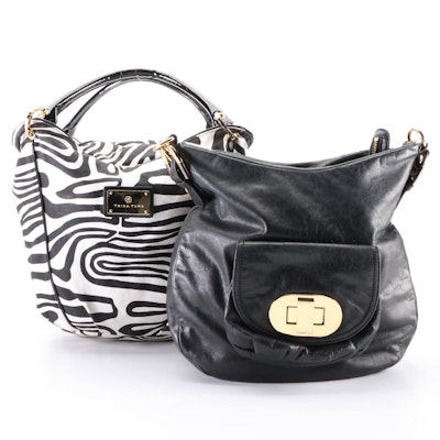 Trina Turk Black-White Stripe Canvas and Badgley Mischka Black Leather Handbags
