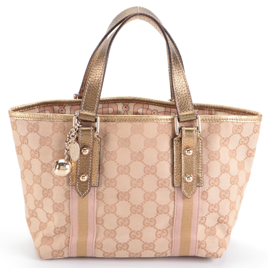 Gucci Small Jolicoeur Tote Bag in GG Canvas, Web Stripe, and Metallic Leather