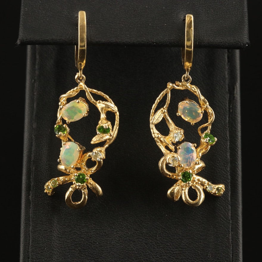 Sterling Foliate Drop Earrings with Topaz, Opal and Diopside