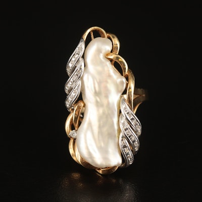 14K Baroque Pearl and Diamond Pointer Ring