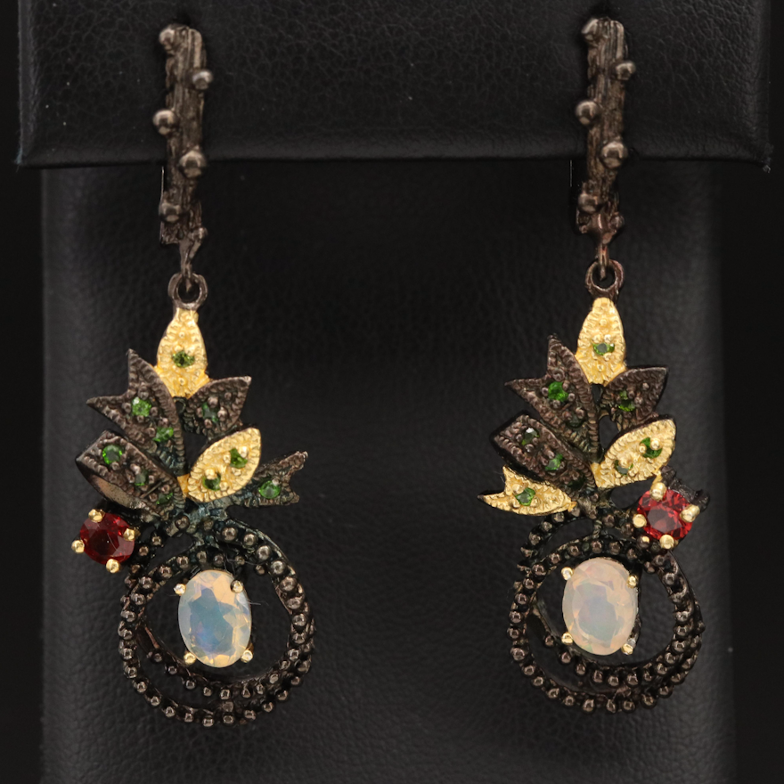 Sterling Opal, Diopside and Gemstone Drop Earrings