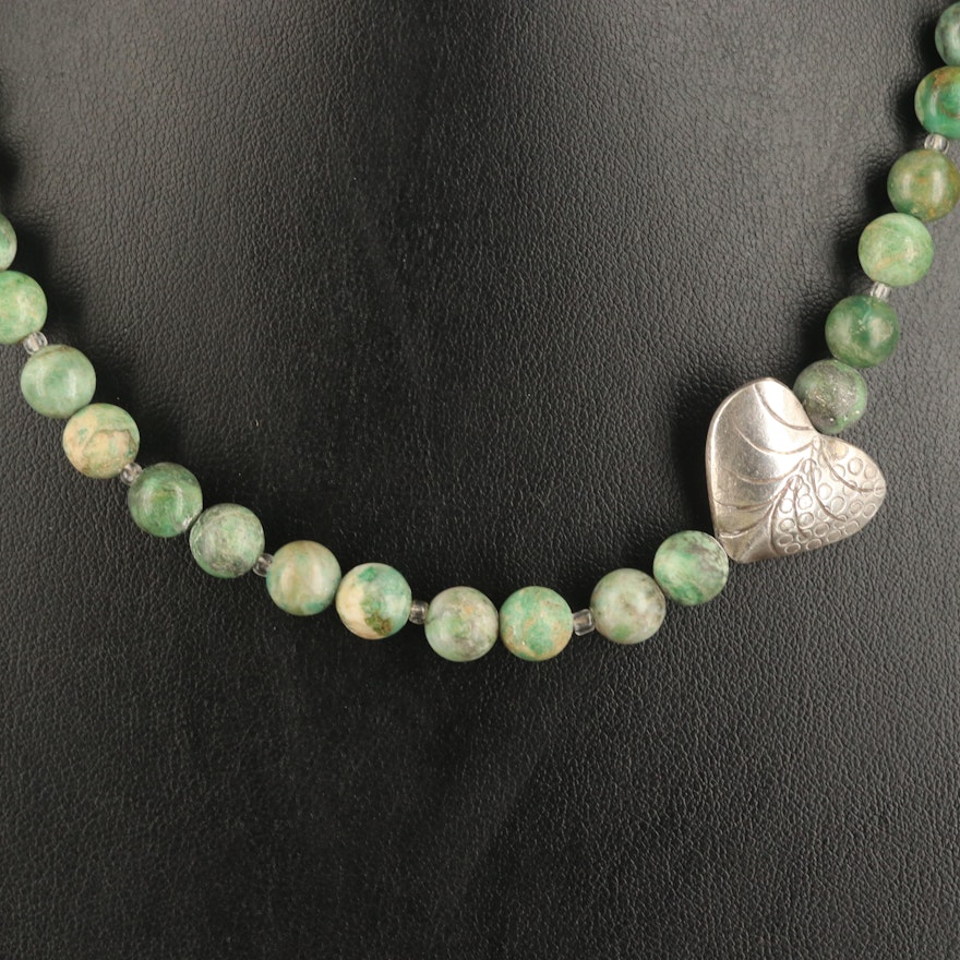 Sterling Variscite and Glass Beaded Necklace with Heart