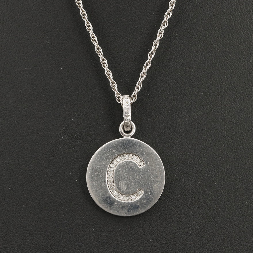 Sterling Diamond 'C' Disc Pendant Necklace