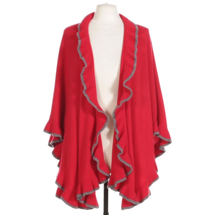 Neiman Marcus Cashmere Knit Shawl in Scarlet Red with Gray Trim
