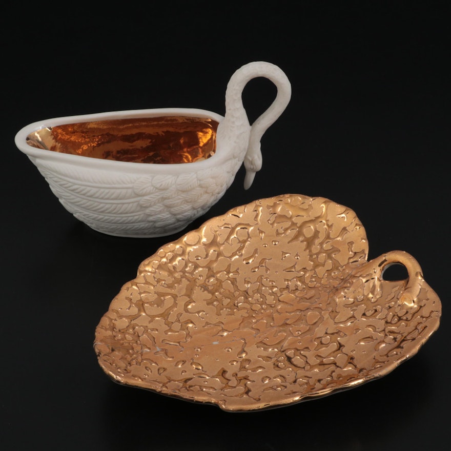 3.5K Gold Plate and Bisque Swan Dish with Other Gilt Ceramic Leaf Dish