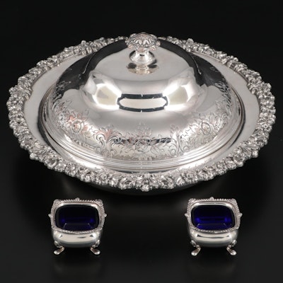 English Floral Motif Silver Plate Covered Dish with Other Silver Salt Cellars
