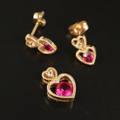 10K Ruby and Sapphire Heart Pendant and Earring Set