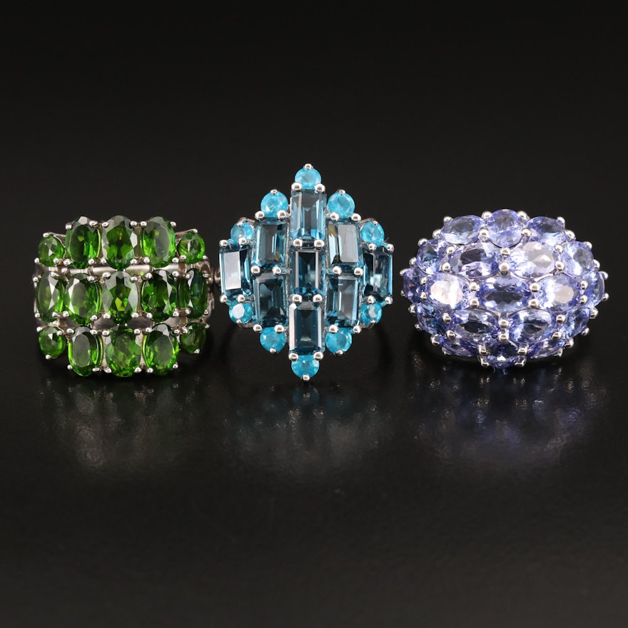 Sterling Cluster Rings Featuring Diopside, Tanzanite and Apatite