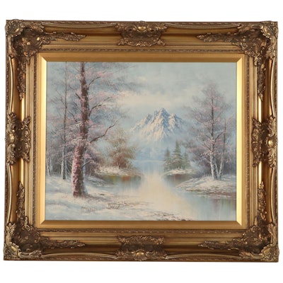 Winter Landscape Oil Painting, Late 20th Century