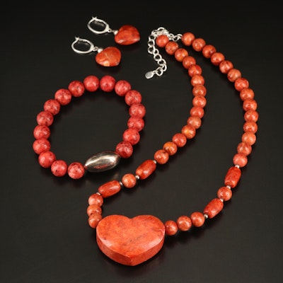 Sterling Coral Heart Jewelry and Beaded Bracelet