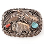 JJ Signed Sterling Silver, Turquoise, and Coral Buckle Depicting Buffalo