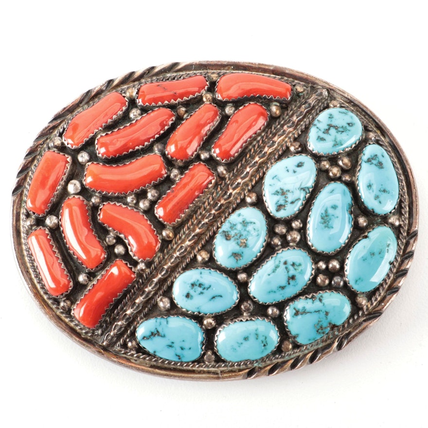 Sterling Silver, Turquoise, and Coral Southwestern Belt Buckle