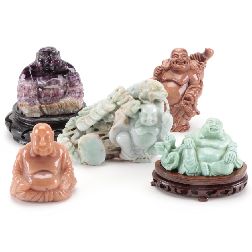 Chinese Serpentine, Goldstone, Amethyst, Aventurine and More Buddha Figurines