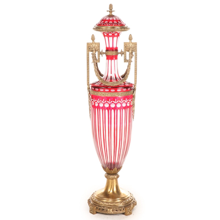 Monumental Louis XVI Style Bohemian Ruby-Cut-to-Clear Ormolu Mounted Covered Urn