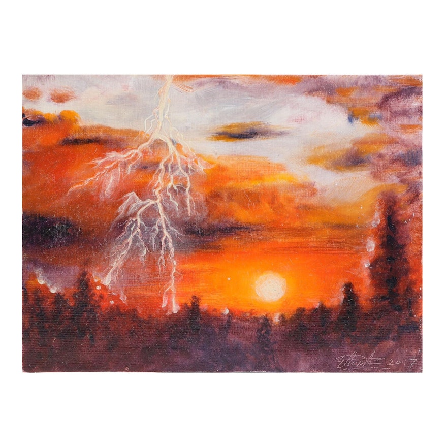Ettina Eakin Hansen Oil Painting "Lightning Storm During Sunset," 2017