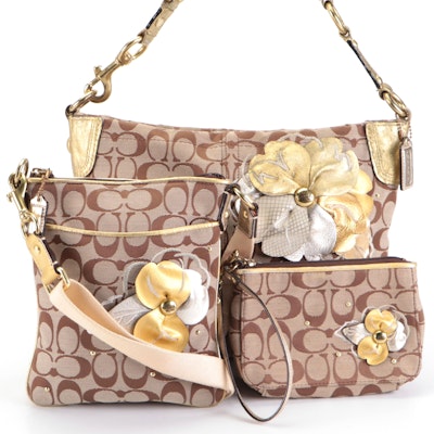 Coach Shoulder, Crossbody and Wristlet in Signature Canvas with Floral Appliqué