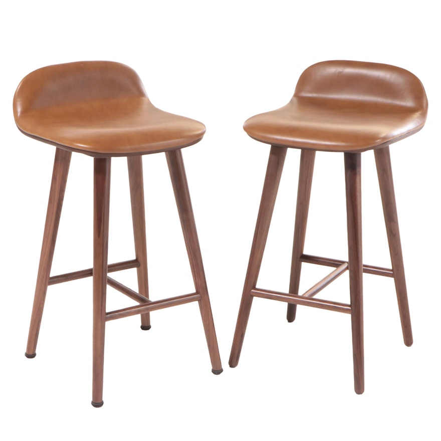 Pair of Article "Sede" Walnut and Leather Counter-Height Bar Stools