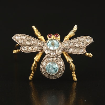 Early 1900s Sterling Zircon, Diamond and Ruby Bee Brooch